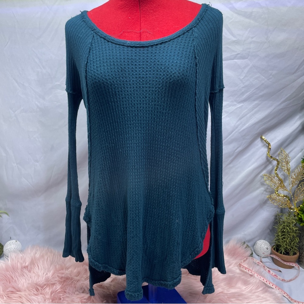 Free People Ventura Drippy Thermal Top XS Waffle Knit Raglan High Low Green
